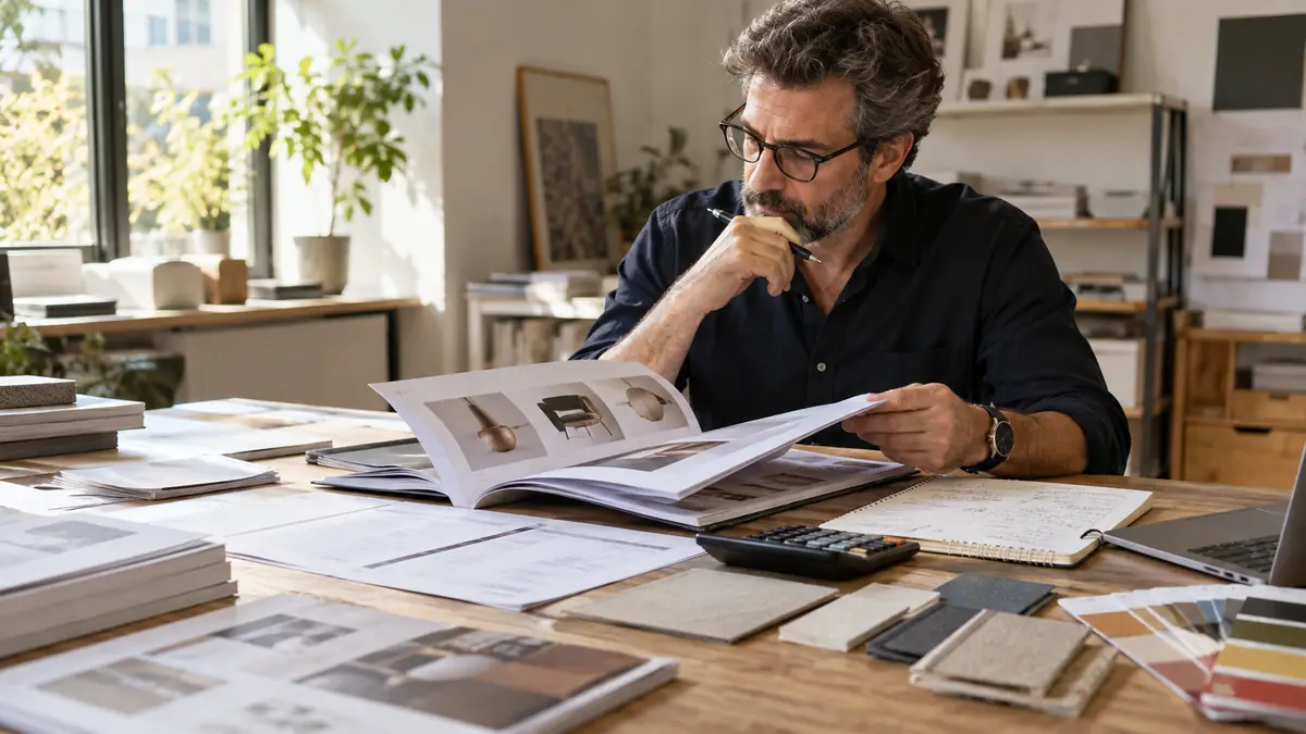 Diseñador revisando un catálogo, muestras de papel y presupuesto de diseño editorial
