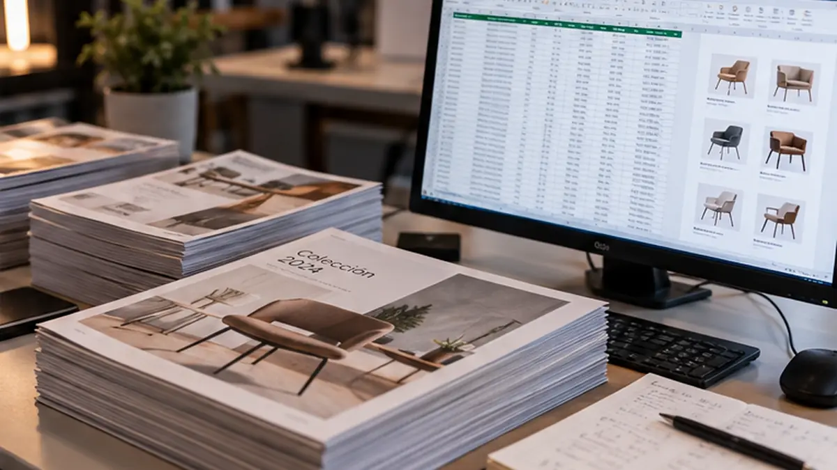 Catálogos impresos junto a una pantalla con datos de Excel para automatizar la maquetación editorial