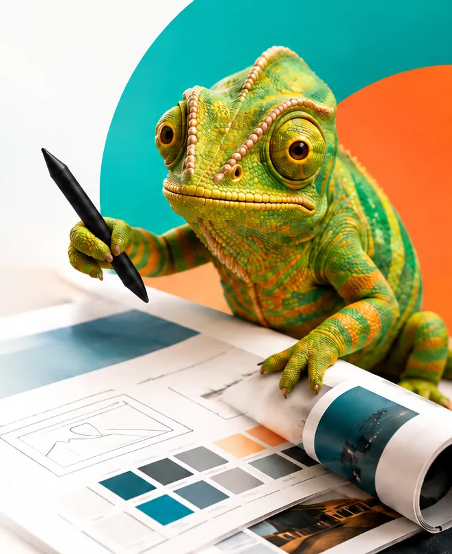 Camaleón creativo de Creimag trabajando con catálogos, lápiz y muestras de color