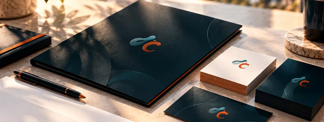 Diseño de identidad visual con tarjetas, papelería y carpeta corporativa
