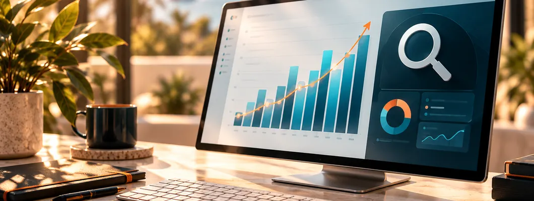 Dashboard de analítica SEO con gráfico de crecimiento de posicionamiento web