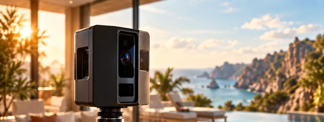 Cámara de captura 3D de tipo Matterport sobre trípode para tours virtuales 360 grados