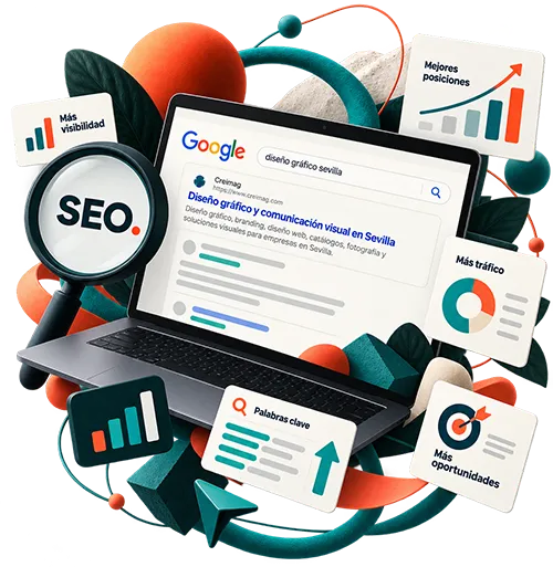Composición creativa sobre posicionamiento SEO y visibilidad web